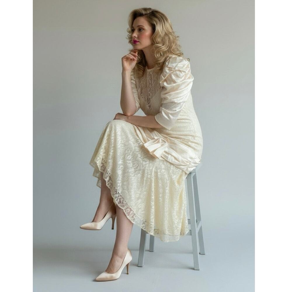 Vintage 80s La Carte Lace & Satin Romantic Dress | Soft Cream Midi Cocktail Gown